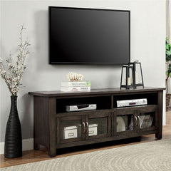 Floranse 60" Transitional Gray Dual  Cabinet TV Stand Dark wood TV stand with a television mounted above it in a room with decor elements.