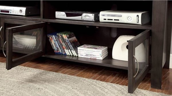 Floranse 72" Transitional Gray Dual Cabinet TV Stand Media console with electronic devices and DVDs on a wooden floor.