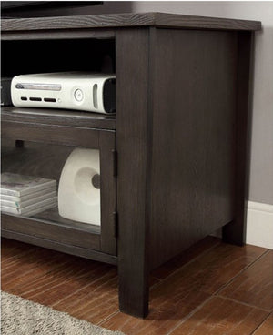 Floranse 72" Transitional Gray Dual Cabinet TV Stand Dark wooden TV stand with electronic devices on a wooden floor.