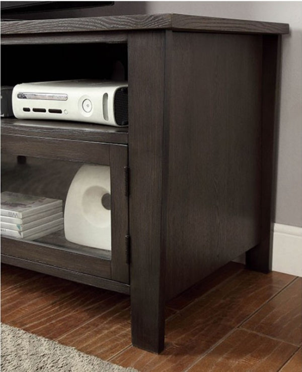 Floranse 72" Transitional Gray Dual Cabinet TV Stand Dark wooden TV stand with electronic devices on a wooden floor.