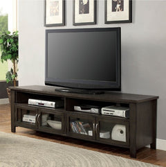 Floranse 72" Transitional Gray Dual Cabinet TV Stand Dark wood TV stand with a television mounted on a gray wall.