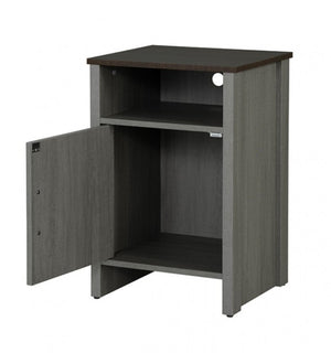 Gabby Rustic Farmhouse Two Tone Side Table Small wooden cabinet with an open door on a white background