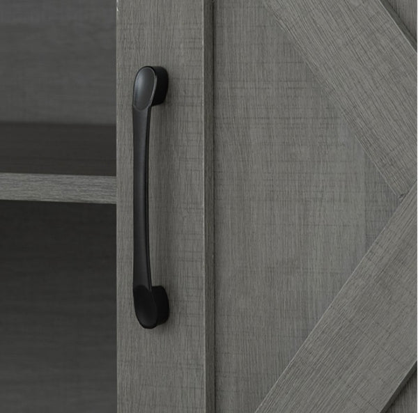 Gabby Rustic Farmhouse Two Tone TV Stand Close-up of a gray cabinet door with a black handle