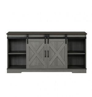 Gabby Rustic Farmhouse Two Tone TV Stand Gray wooden entertainment console with sliding doors on a white background