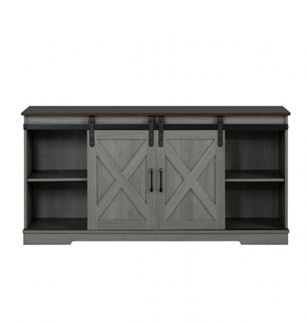 Gabby Rustic Farmhouse Two Tone TV Stand Gray wooden entertainment console with sliding doors on a white background