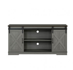 Gabby Rustic Farmhouse Two Tone TV Stand Gray TV stand with sliding doors on a white background