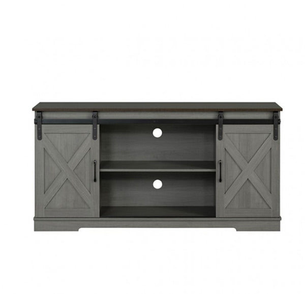 Gabby Rustic Farmhouse Two Tone TV Stand Gray TV stand with sliding doors on a white background