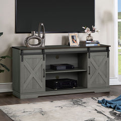 Gabby Rustic Farmhouse Two Tone TV Stand Gray TV stand with decorative items in a living room setting