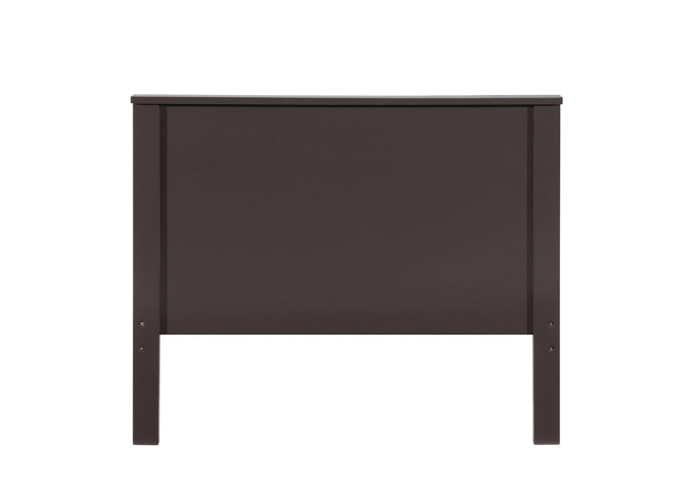 Gallow Chocolate Finish Twin Bed A dark brown wooden single bed frame with a slatted headboard and footboard, styled with blue and gray striped bedding in a modern bedroom setting.