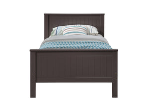 Gallow Chocolate Finish Twin Bed A dark brown wooden bed frame with a slatted headboard and footboard, shown with a striped and blue chevron-patterned comforter and pillows on a solid white background.