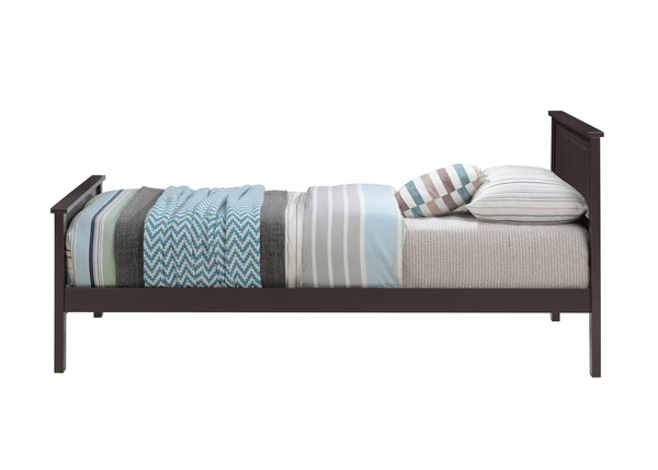 Gallow Chocolate Finish Twin Bed A dark brown wooden single bed frame with a headboard and footboard, styled with a striped and chevron patterned comforter, pillows, and a textured light gray sheet on a solid white background.