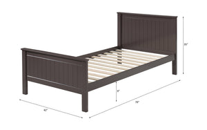 Gallow Chocolate Finish Twin Bed A dark brown wooden single bed frame with slatted base, shown on a white background with dimension lines and measurements for width, height, and depth.