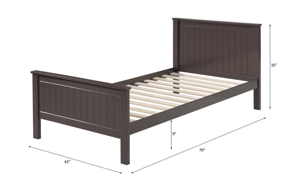 Gallow Chocolate Finish Twin Bed A dark brown wooden single bed frame with slatted base, shown on a white background with dimension lines and measurements for width, height, and depth.
