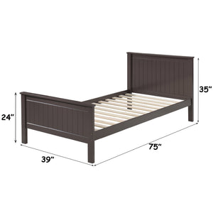 Gallow Chocolate Finish Twin Bed Wooden bed frame with dimensions labeled on a white background