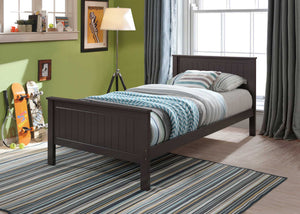 Gallow Chocolate Finish Twin Bed A dark brown wooden single bed frame with a slatted headboard and footboard, styled with blue and gray striped bedding in a modern bedroom setting.