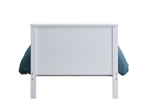 Gallow White Finish Twin Bed White wooden bed headboard shown from the back, with teal textured pillows visible on both sides, isolated on a white background.