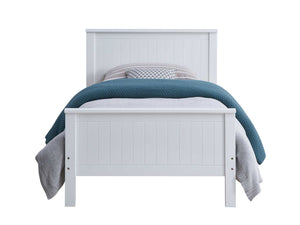 Gallow White Finish Twin Bed A white wooden single bed frame with a slatted headboard and footboard, styled with a teal textured blanket, a white sheet, and a patterned pillow, isolated on a white background.
