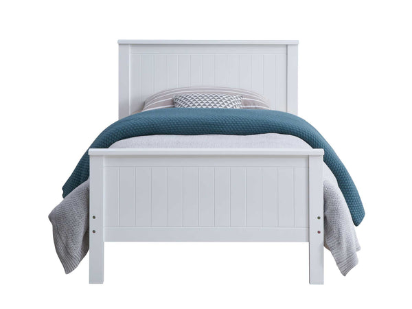 Gallow White Finish Twin Bed A white wooden single bed frame with a slatted headboard and footboard, styled with a teal textured blanket, a white sheet, and a patterned pillow, isolated on a white background.