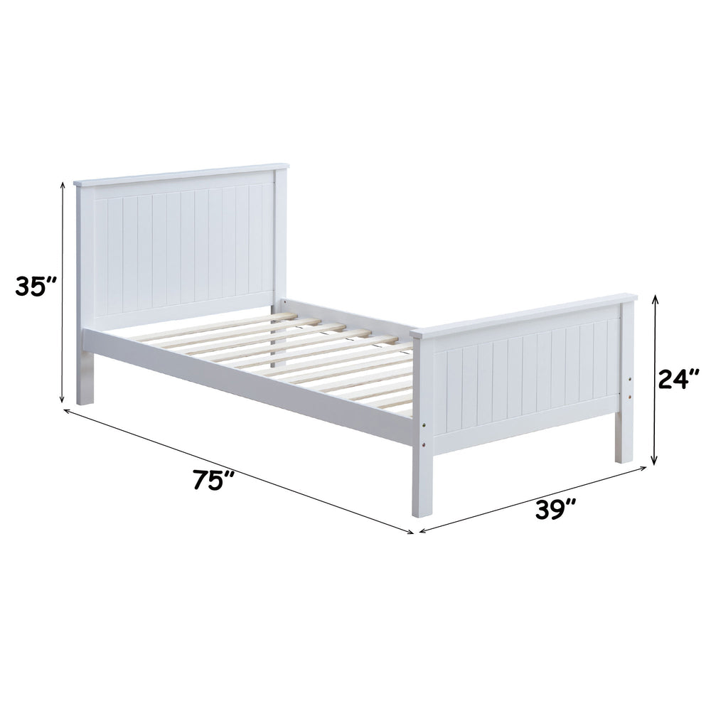 Gallow White Finish Twin Bed A white wooden single bed frame with a slatted headboard and footboard, styled in a modern bedroom with gray and teal bedding, a floor lamp, and a window looking out to a garden.