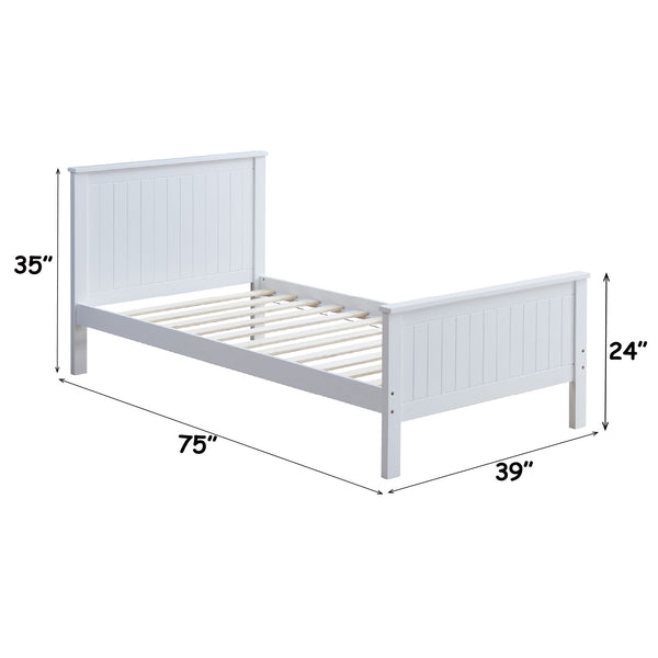 Gallow White Finish Twin Bed White bed frame with dimensions labeled on a white background