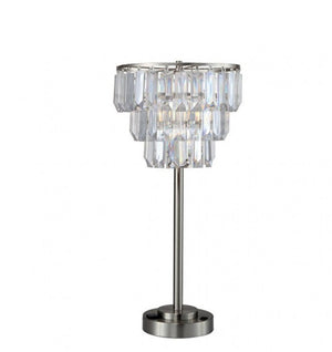 Genna Hanging Crystal Table Lamp A modern table lamp with a brushed silver metal stand and a tiered crystal chandelier shade on a white background.