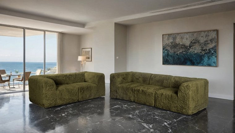 Giacinto Compressed Foam Modern Sofa Olive Green Finish Green textured sofa in a room with a marble floor and abstract painting on the wall.