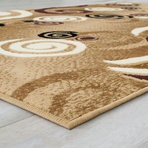 Glitur 5x7 Contemporary Polyester Brown Area Rug Beige area rug with circular patterns on a light wooden floor
