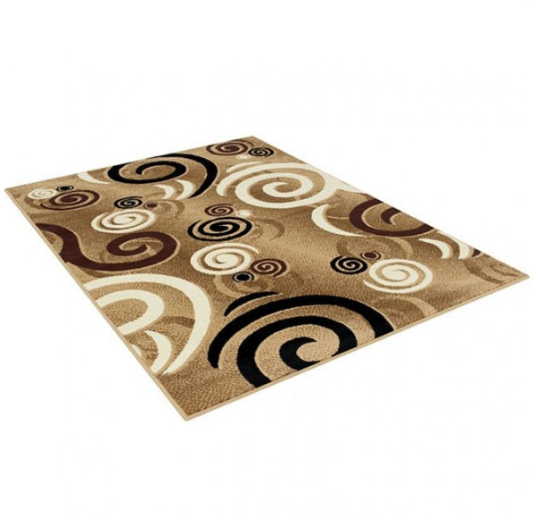 Glitur 5x7 Contemporary Polyester Brown Area Rug Beige area rug with black and white spiral pattern on a white background