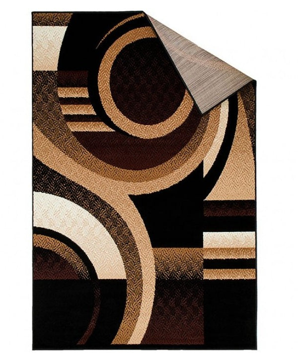 Glitur 5x7 Contemporary Polyester Brown Black Area Rug Geometric patterned rug with brown, beige, and black colors on a white background