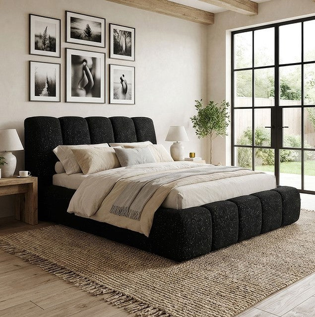 Gmarc Modern Style Hematite Black Upholstery Bed Modern bedroom with a black upholstered bed, neutral bedding, and large windows.