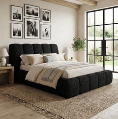 Gmarc Modern Style Hematite Black Upholstery Bed Modern bedroom with a black upholstered bed, neutral bedding, and large windows.