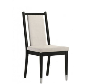 Grayson Contemporary Black White Fabric Chair A modern dining chair with a black wooden frame and legs, featuring a tall, vertically slatted backrest and a light beige upholstered seat cushion, shown against a plain white background.