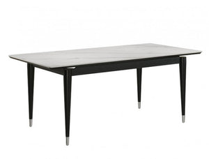 Grayson Contemporary Black White Sintered Stone Top Dining Table A rectangular dining table with a light gray marble-look top and a black frame with tapered black legs and silver metal foot caps, shown on a plain white background.