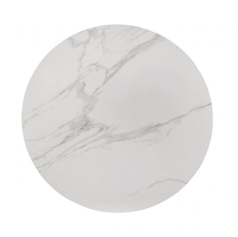 Grayson Contemporary Black White Sintered Stone Top Round Dining Table A round dining table with a white marble-look top and black legs, surrounded by five matching chairs with cream upholstered seats and black frames, set on a light gray rug in a bright dining room.