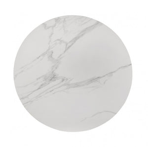 Grayson Contemporary Black White Sintered Stone Top Round Dining Table A round white surface with a light gray marble pattern, shown against a plain white background.