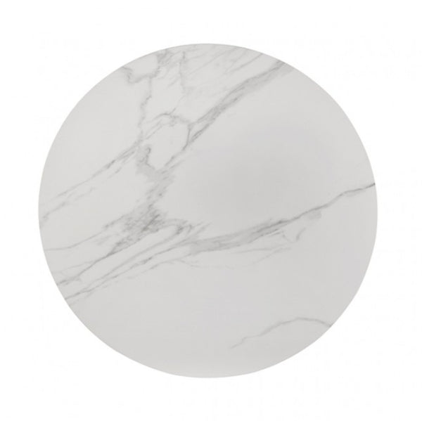 Grayson Contemporary Black White Sintered Stone Top Round Dining Table A round white surface with a light gray marble pattern, shown against a plain white background.