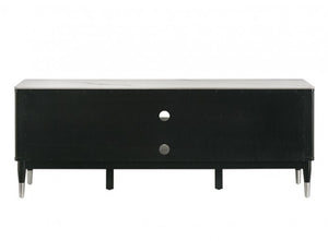 Grayson Contemporary Black White Sintered Stone Top TV Console A modern black console table with a single drawer, featuring a light gray marble top and slim tapered legs with silver metal tips, shown against a plain white background.