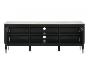 Grayson Contemporary Black White Sintered Stone Top TV Console A modern black media console with a light gray marble top, featuring two open cabinet doors, two central drawers with round silver knobs, and open shelves on a white background.