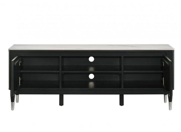 Grayson Contemporary Black White Sintered Stone Top TV Console A modern black media console with a light gray marble top, featuring two open cabinet doors, two central drawers with round silver knobs, and open shelves on a white background.