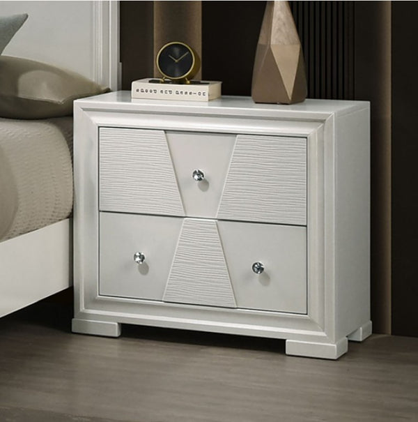 Hailly Trapezoid Nightstand With White Finish White nightstand with two drawers in a bedroom setting
