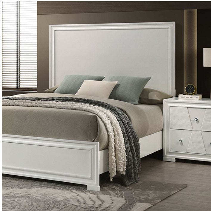Hailly Trapezoid Panel Bed With White Finish Bedroom with a bed and nightstand featuring neutral colors.