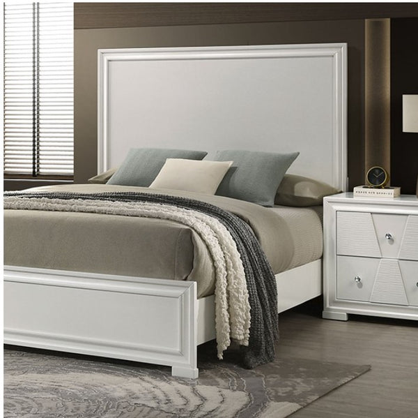 Hailly Trapezoid Panel Bed With White Finish Bedroom with a bed and nightstand featuring neutral colors.