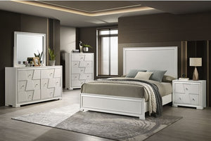 Hailly Trapezoid Panel Bed With White Finish Modern bedroom set with white furniture, bed, and decor in a well-lit room.