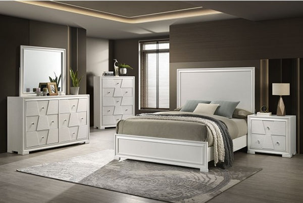 Hailly Trapezoid Panel Bed With White Finish Modern bedroom set with white furniture, bed, and decor in a well-lit room.