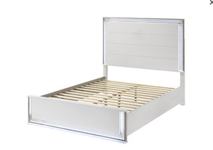 Hailry Glam Modern High Gloss White Finish Bed White bed frame with wooden slats on a white background