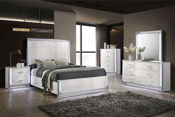 Hailry Glam Modern High Gloss White Finish Bed Modern bedroom set with mirrored furniture in a stylish room.