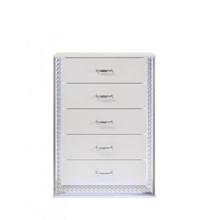 Hailry Glam Modern High Gloss White Finish Chest White dresser with decorative silver trim on a white background