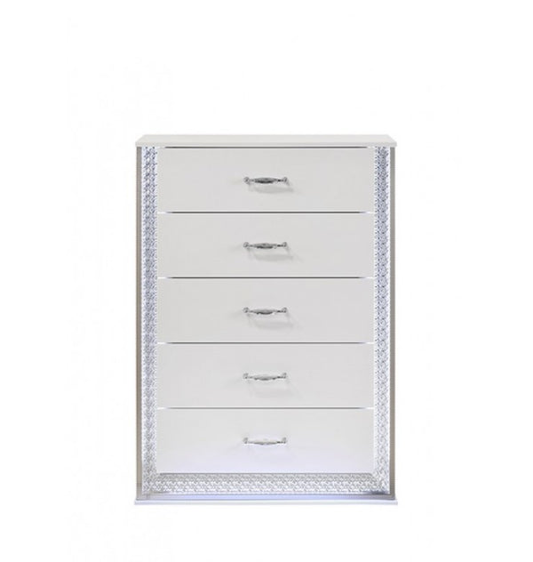 Hailry Glam Modern High Gloss White Finish Chest White dresser with decorative silver trim on a white background