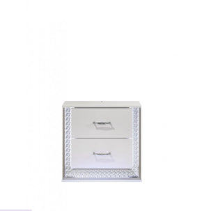 Hailry Glam Modern High Gloss White Finish Nightstand Decorative nightstand with mirror and crystal embellishments on a white background