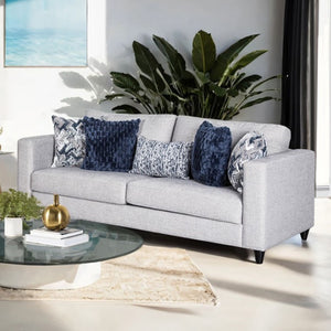 Harrold Light Gray Transitional Style Sofa Gray sofa with decorative pillows in a living room setting
